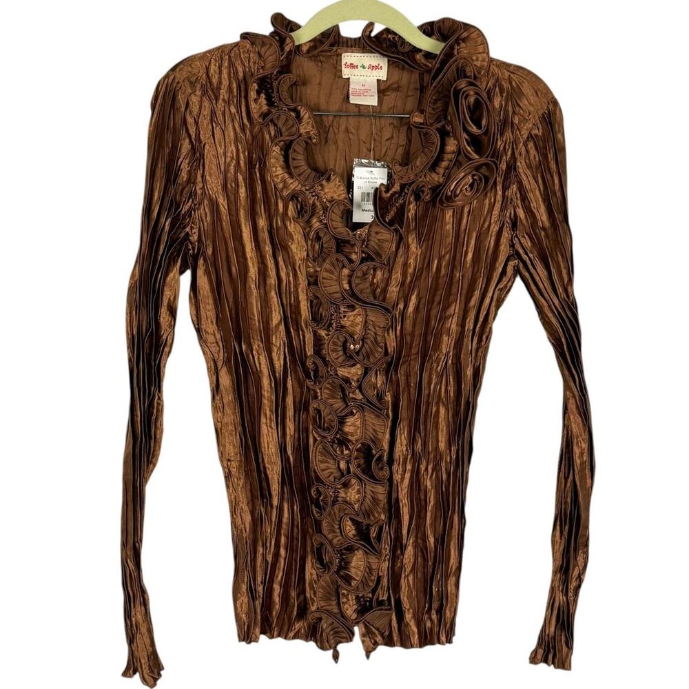 NWT Toffee Apple Brown Crumple Satin Ruffle Stretch Long Sleeve‎ Blouse Medium